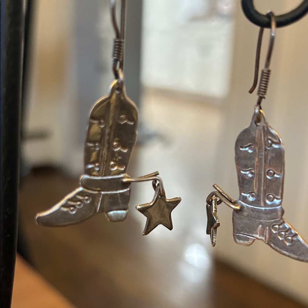Silver-Tone Cowboy Boot Star Dangle Earrings - Women Jewelry